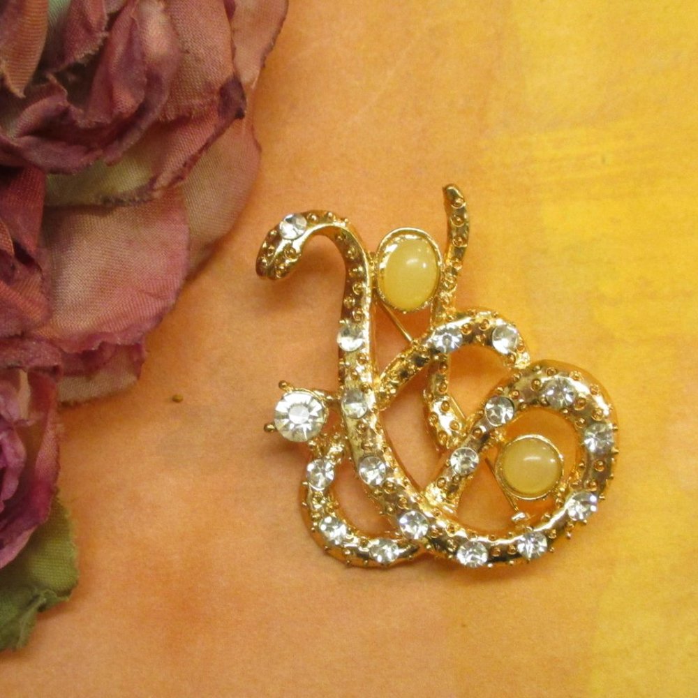 COILED SNAKE Gold Rhinestone Brooch ~ Vintage Serpent Snake Statement Brooch